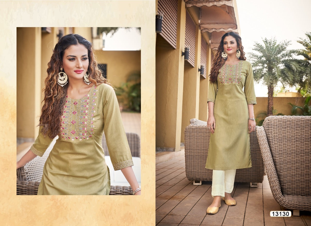 Traditional Kivi Liza rayon Kurti with embroidery, cultural women's wear, from Saree Ghor Charlotte, displayed with intricate design details.
