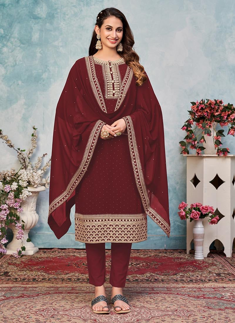 Regal Maroon faux georgette salwar kameez with intricate embroidery, straight suit for women, ethnic wear by Saree Ghor Charlotte.