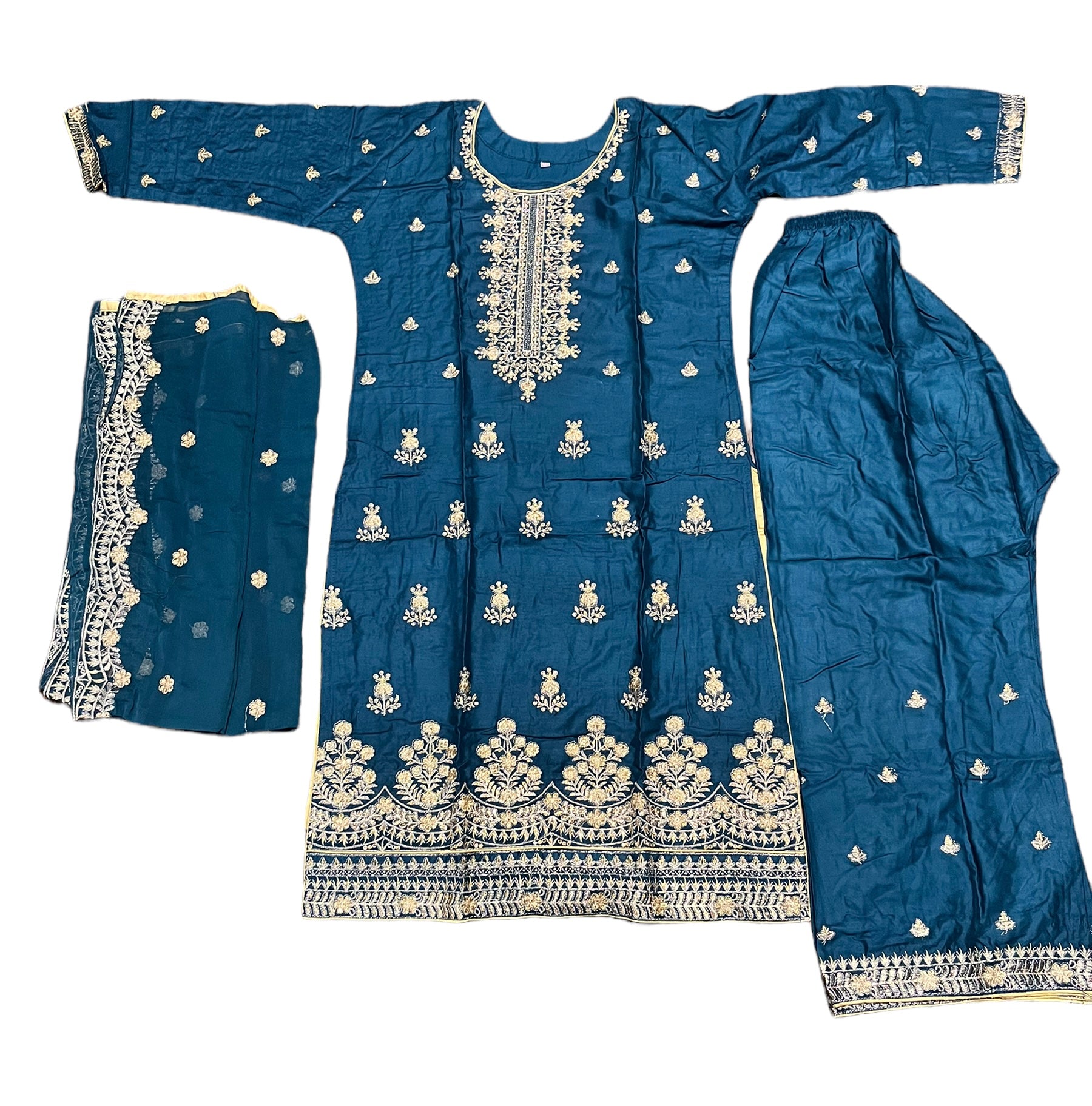 Stylish linen Aura party wear Salwar Kameez by Saree Ghor Charlotte, featuring elegant fabric and intricate design details.