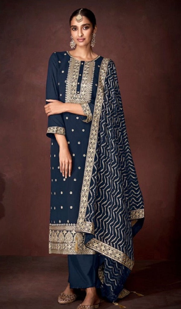 Traditional navy blue faux georgette salwar kameez with intricate embroidery, ethnic wear for women by Saree Ghor Charlotte.