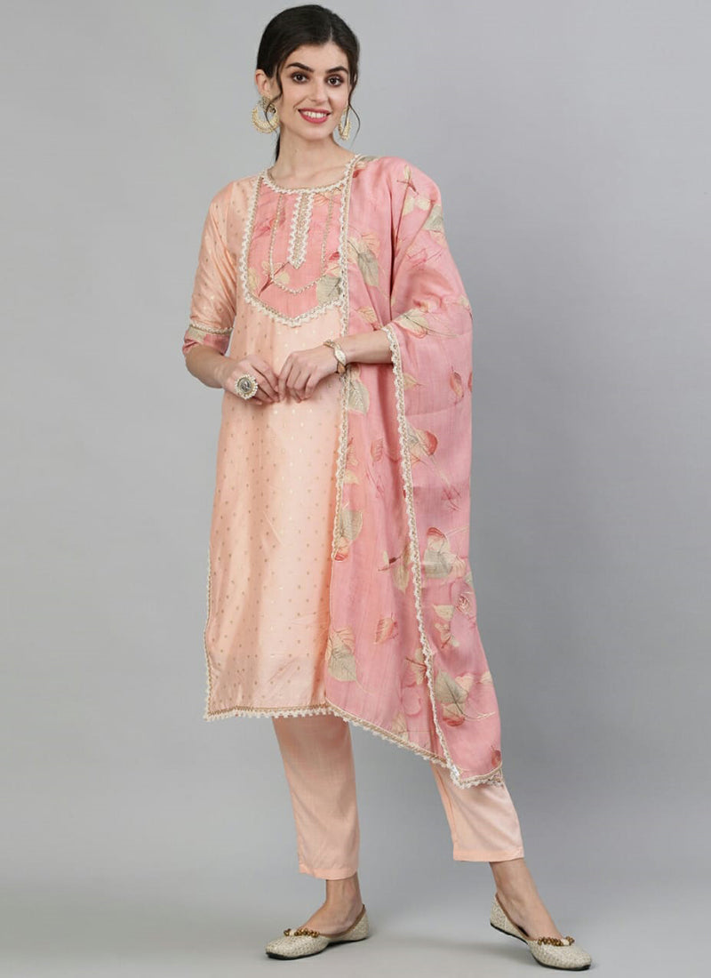 Traditional peach embroidered cotton salwar kameez by Saree Ghor Charlotte, showcasing intricate embroidery and cultural ethnic wear for women.