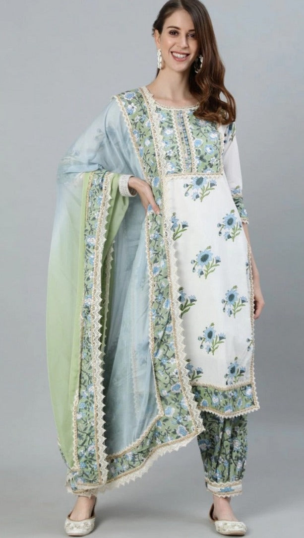 Traditional white embroidery cotton Salwar Kameez by Saree Ghor Charlotte, featuring intricate embroidery and ethnic wear for women.