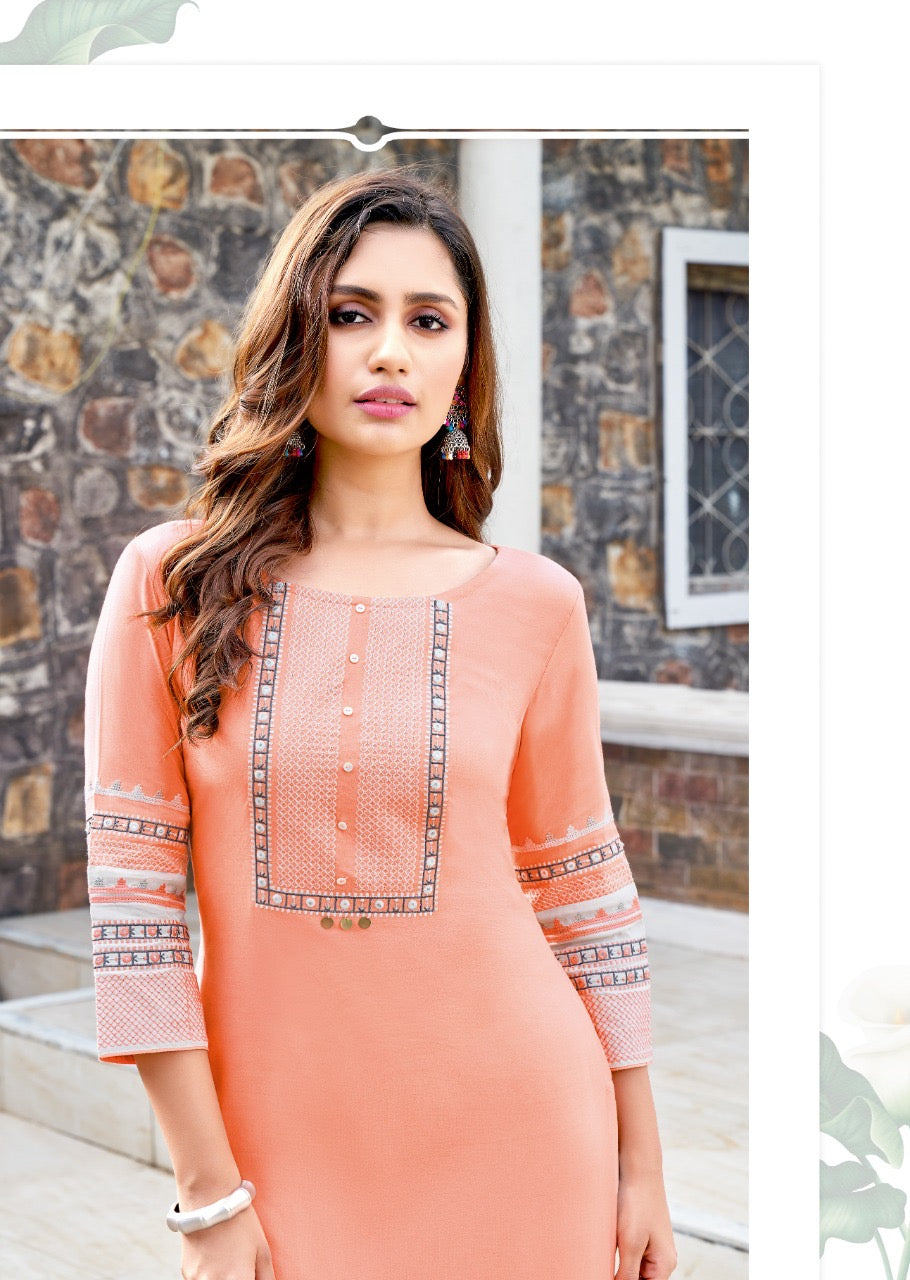 Wooglee Salonee traditional rayon designer kurti, ethnic wear for women, paired with matching salwar, by Saree Ghor Charlotte.