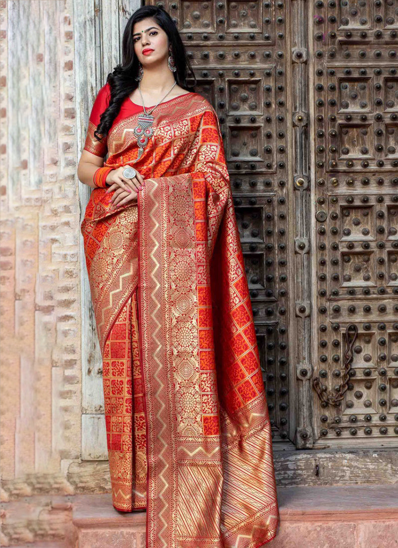 Red Banarasi Silk Traditional Weaving Saree , Cultural Wear for Women - Saree Ghor Charlotte