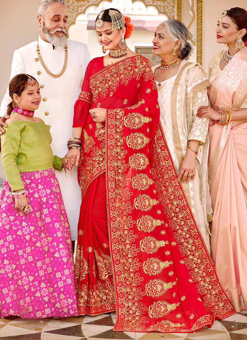 Red Georgette Heavy Embroidery Work Saree, Traditional Clothing for Women - Saree Ghor Charlotte