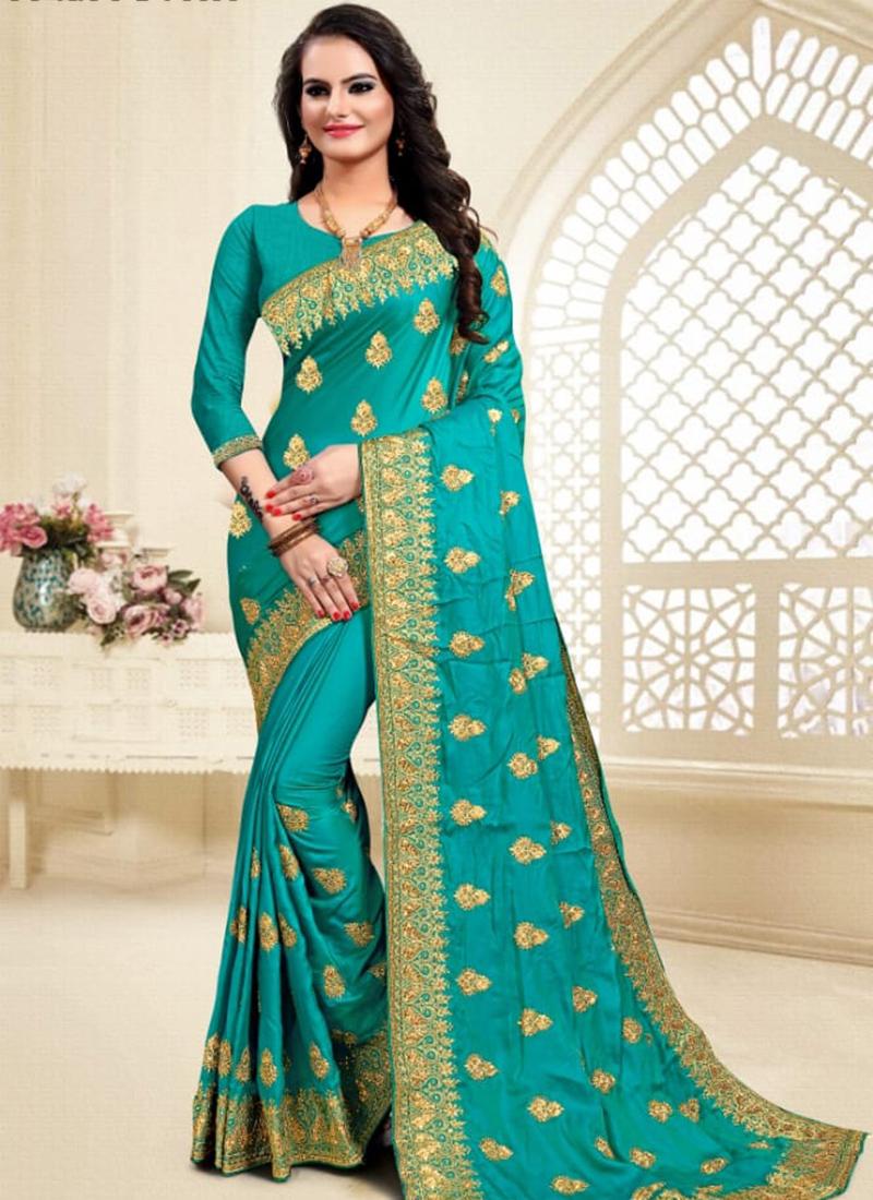 Sky Blue Satin Silk Traditional Saree with Stone Work - Saree Ghor Charlotte